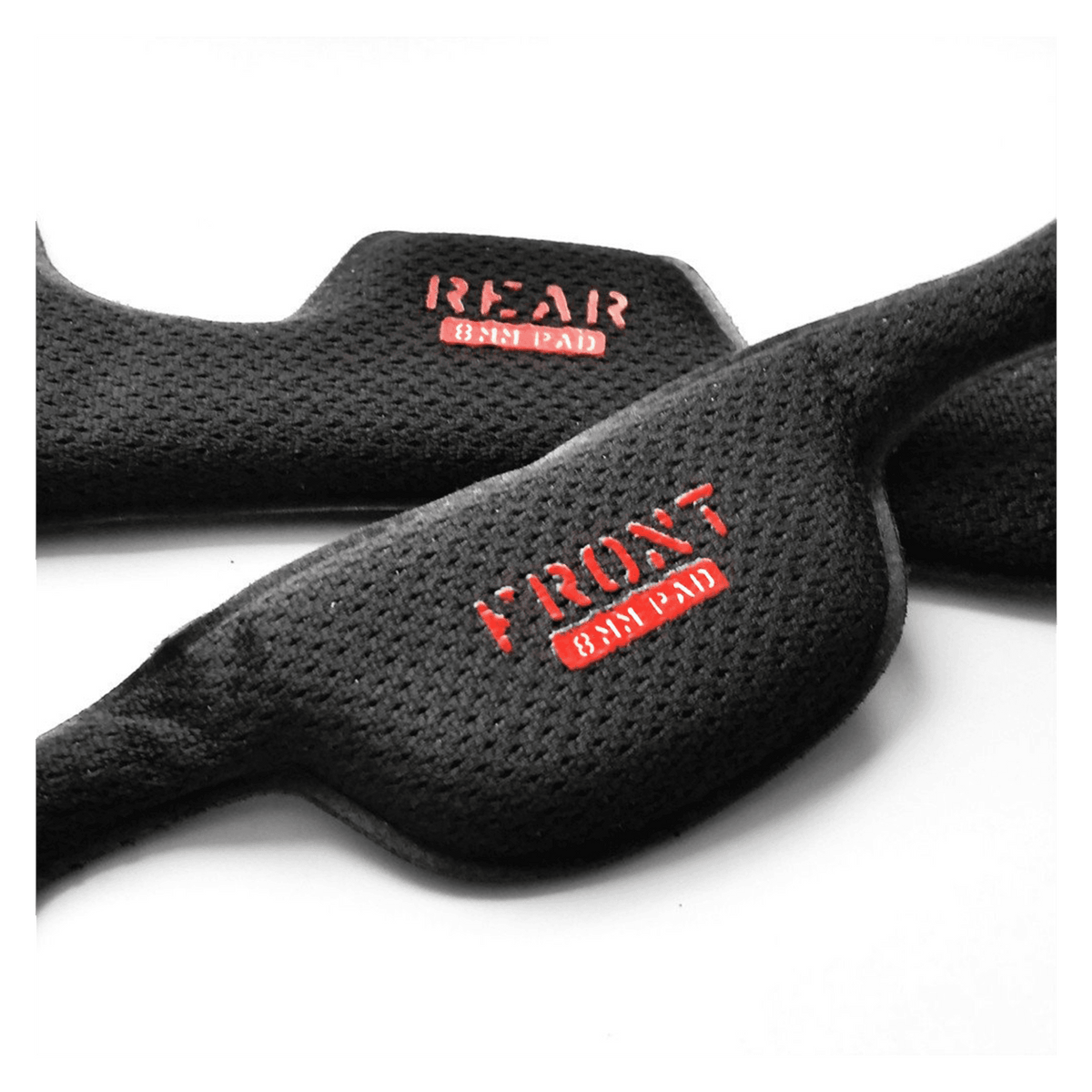 Black helmet strap pads with red printed text and textured fabric