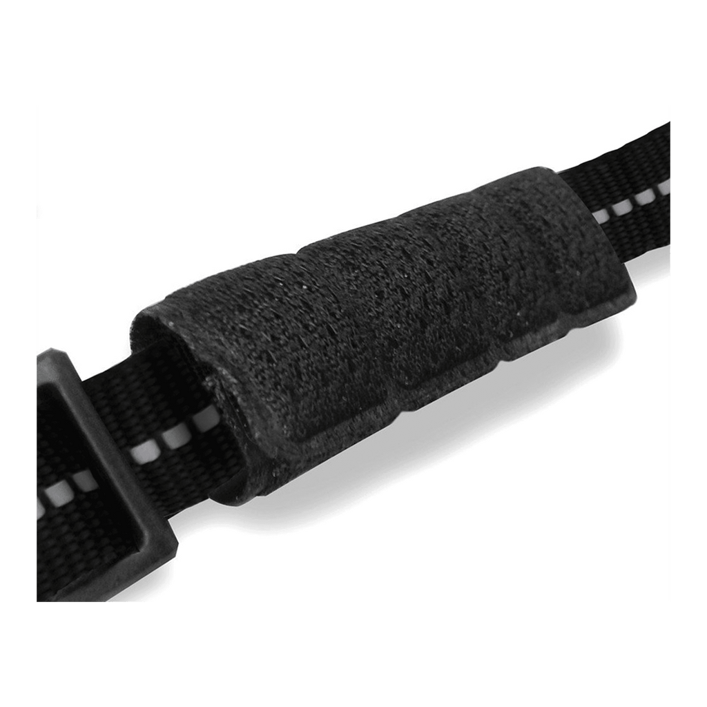 Black helmet strap with textured padding and woven webbing detail