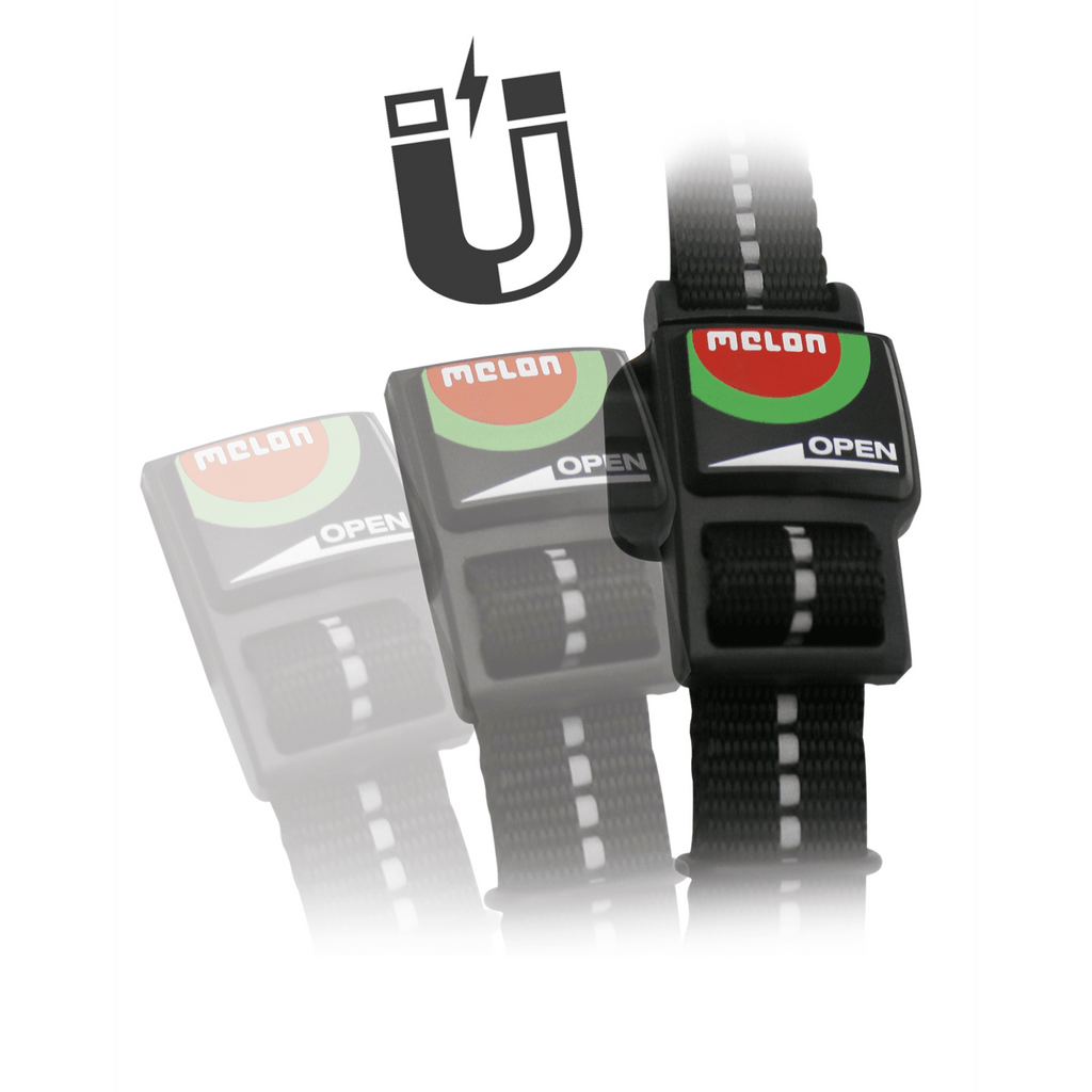 Helmet strap and buckle set with three straps and 'OPEN' labels