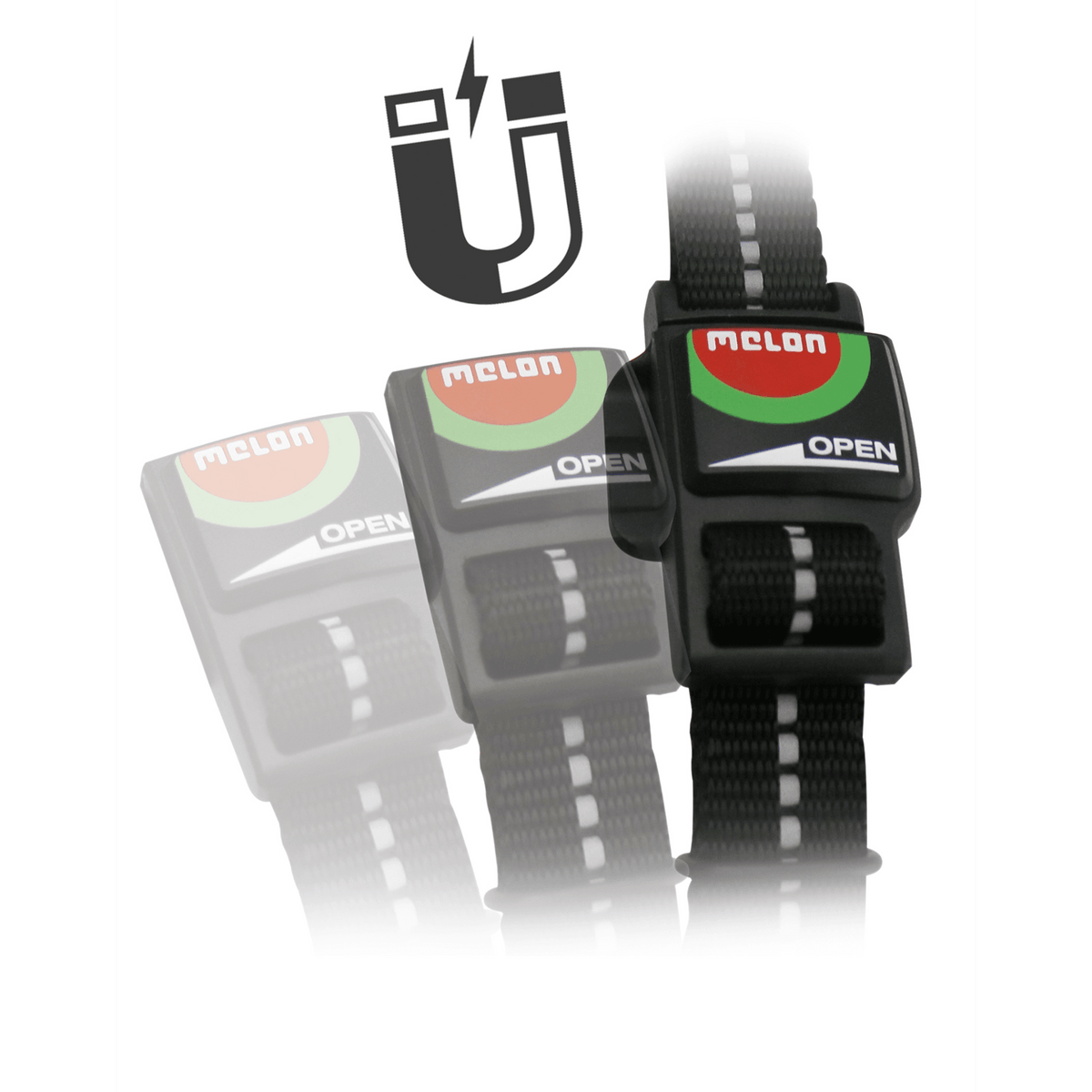 Helmet strap and buckle set with three straps and 'OPEN' labels