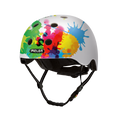 White bike helmet with colorful splatter graphic and black chin strap