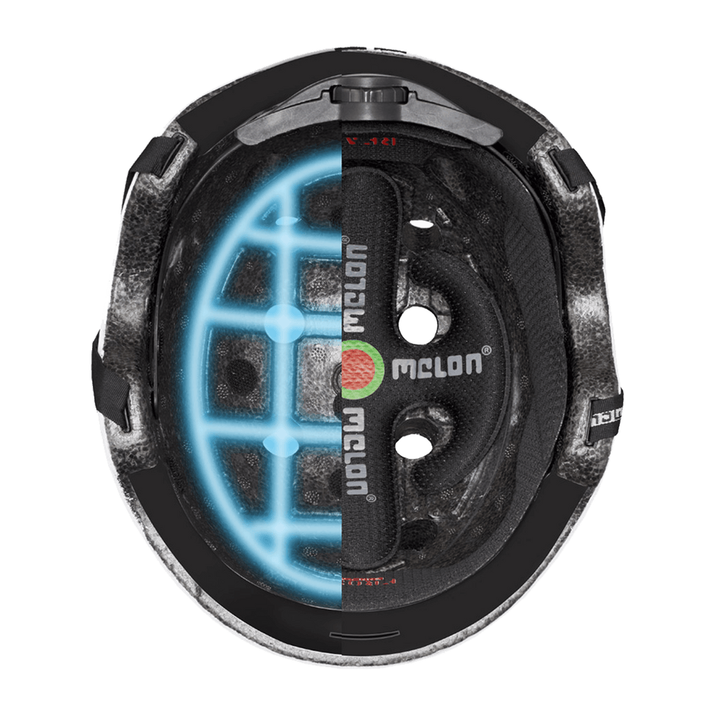 Black helmet interior with adjustment dial and glowing blue grid graphic