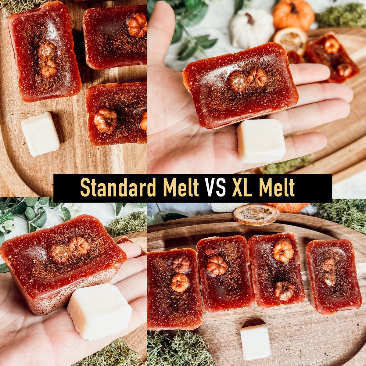 XL pumpkin pecan wax melt square held in hand, dark amber with embedded nut pieces.