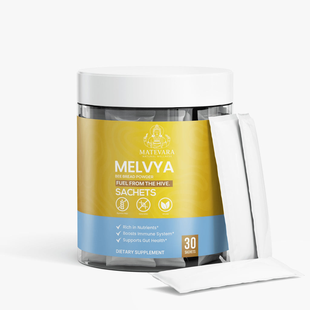 Supplement powder container with open white sachets, 30 servings