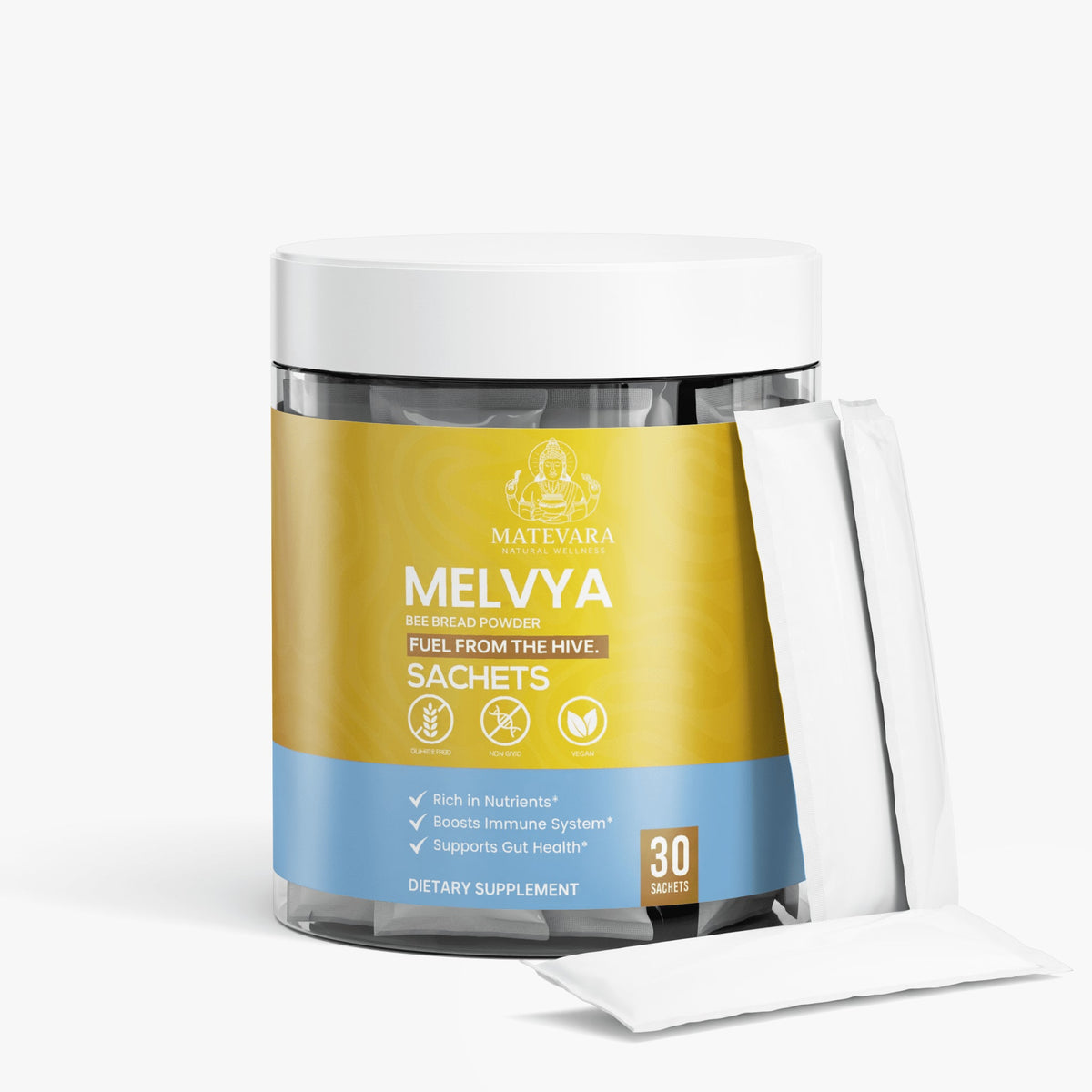 Supplement powder container with open white sachets, 30 servings