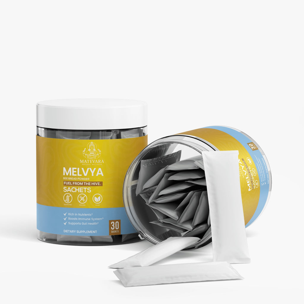 Supplement powder container with visible sachets inside, 30 servings