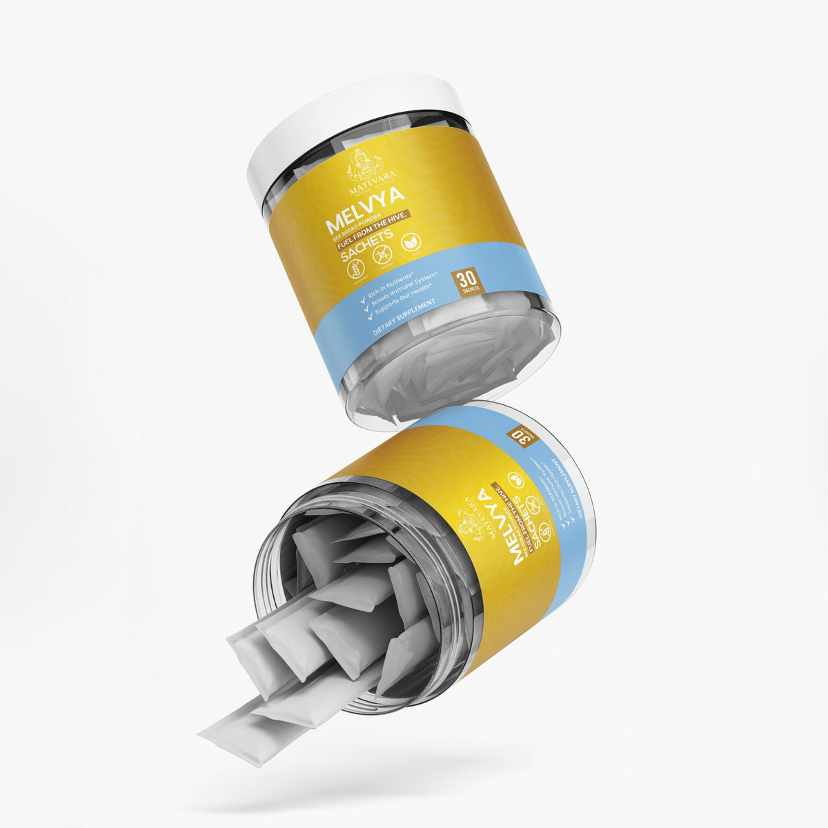 Supplement powder canister with sachets shown, gold and blue label