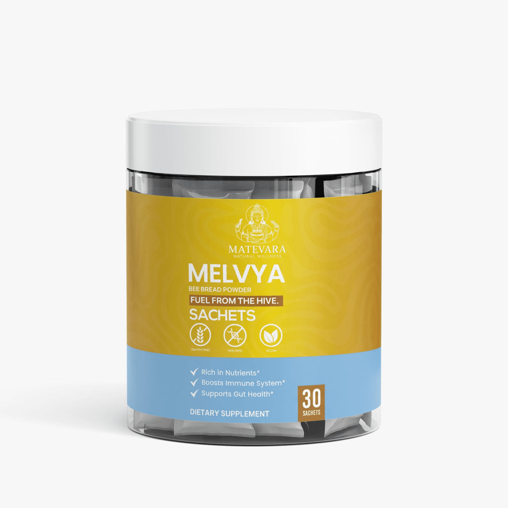 Supplement powder container with gold and blue label, 30 servings