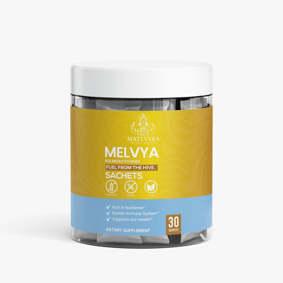 Supplement powder container with gold and blue label, 30 servings