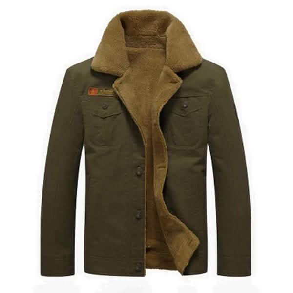 Men's tactical jacket with tan fur-lined collar, button front, dark olive green.