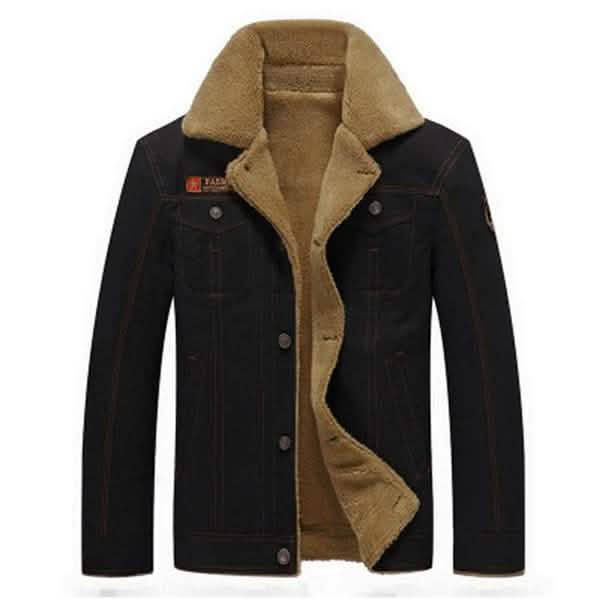 Men's tactical jacket with tan fur-lined collar, button front, black.