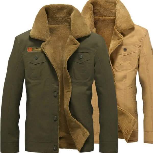 Men's tactical jacket with tan fur-lined collar and button front, dark green.
