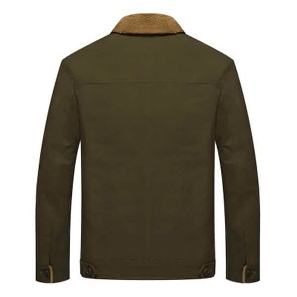 Men's tactical jacket back view with dark olive tone and buttoned cuffs.