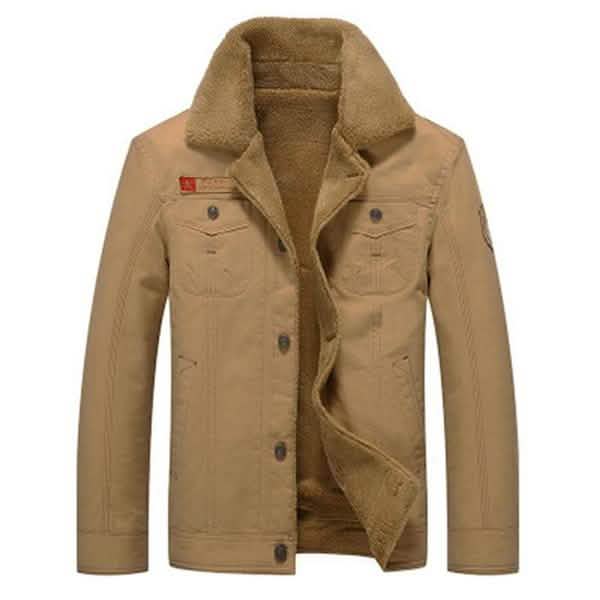 Men's tactical jacket with tan fur-lined collar, button front, tan.