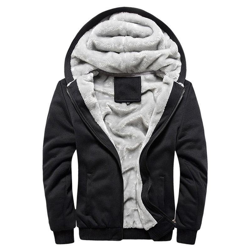 Men's zip-up hoodie jacket, black with plush gray hood lining and front zipper