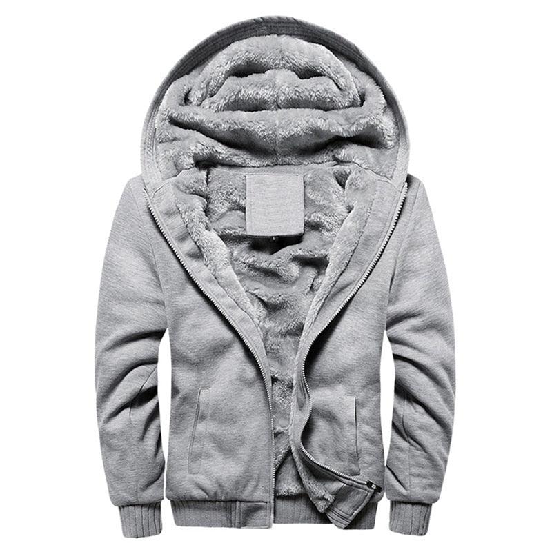 Gray zip-up hoodie with hood, plush light lining and front zipper pocket