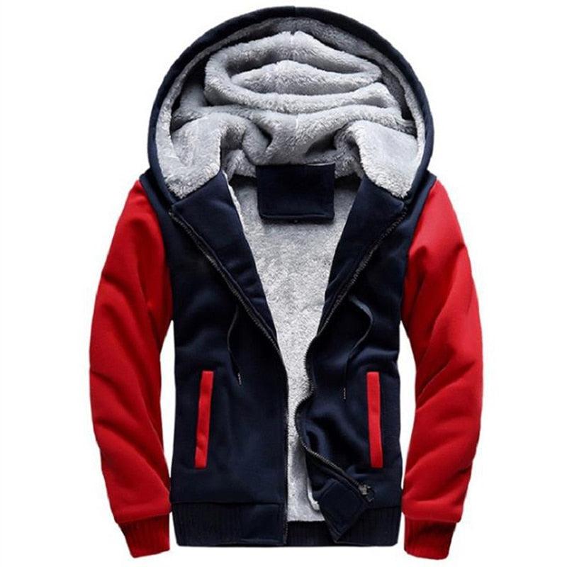 Men’s red and navy zip-up hoodie jacket with hood and gray fleece lining