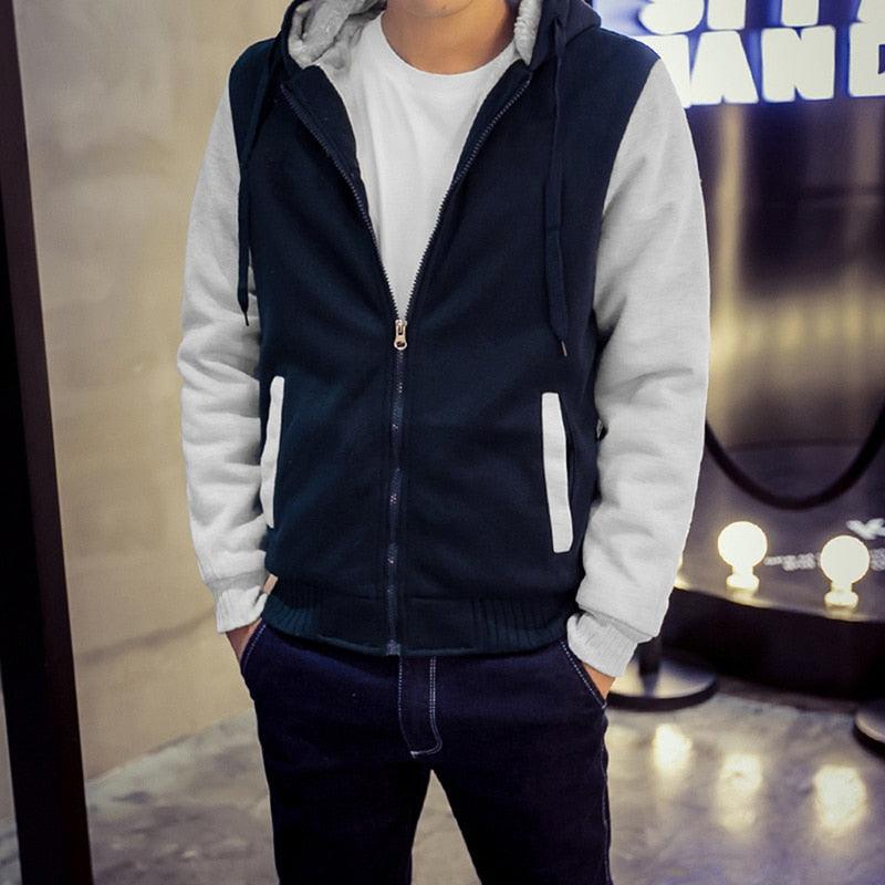 Men's zip-up hoodie jacket in dark navy with light gray hood lining and front zipper