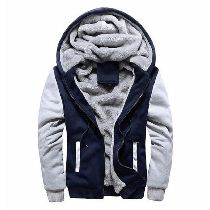 Men’s navy and white zip-up hoodie jacket with hood and gray fleece lining