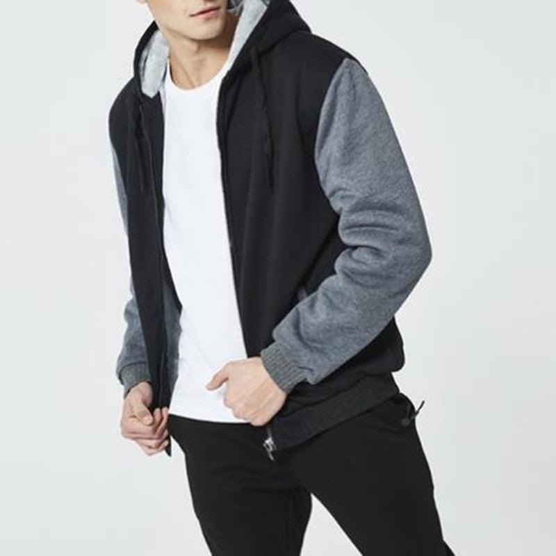 Men's zip-up hoodie jacket in black with gray sleeves and gray hood lining