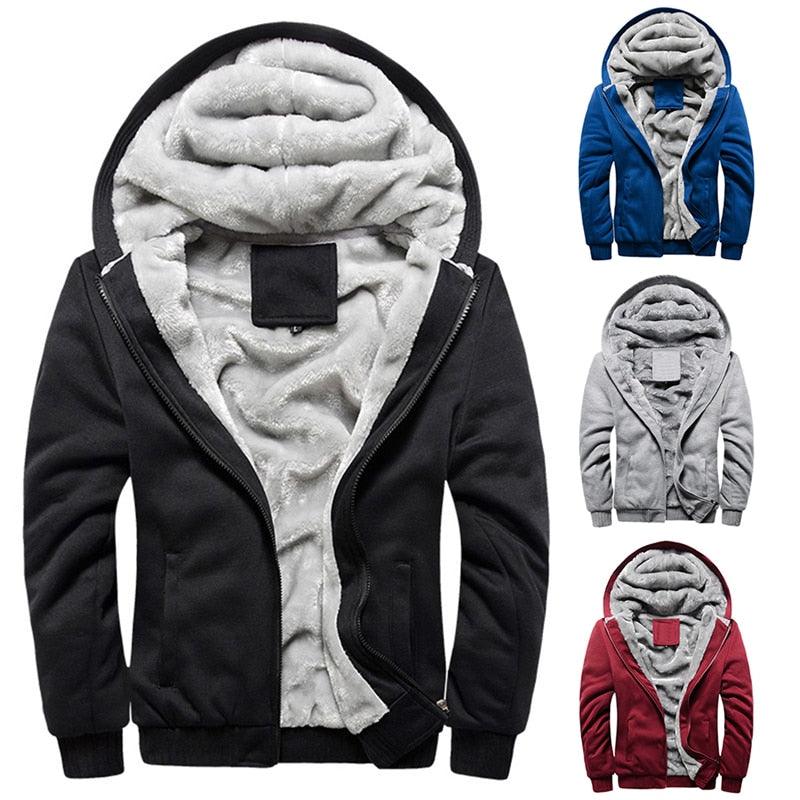 Black zip-up hoodie with hood, thick light sherpa lining and front zipper