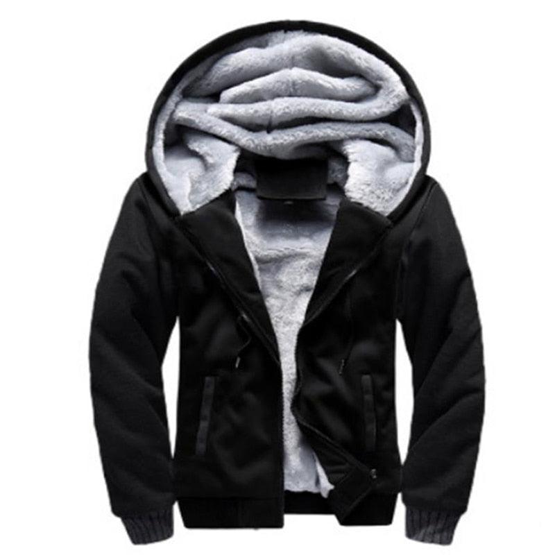 Men’s black zip-up hoodie jacket with hood and gray fleece lining, front pockets