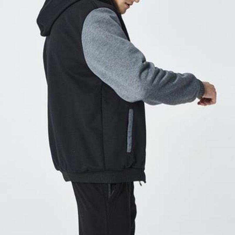 Men's zip-up hoodie jacket, black with gray sleeves and hood with lining