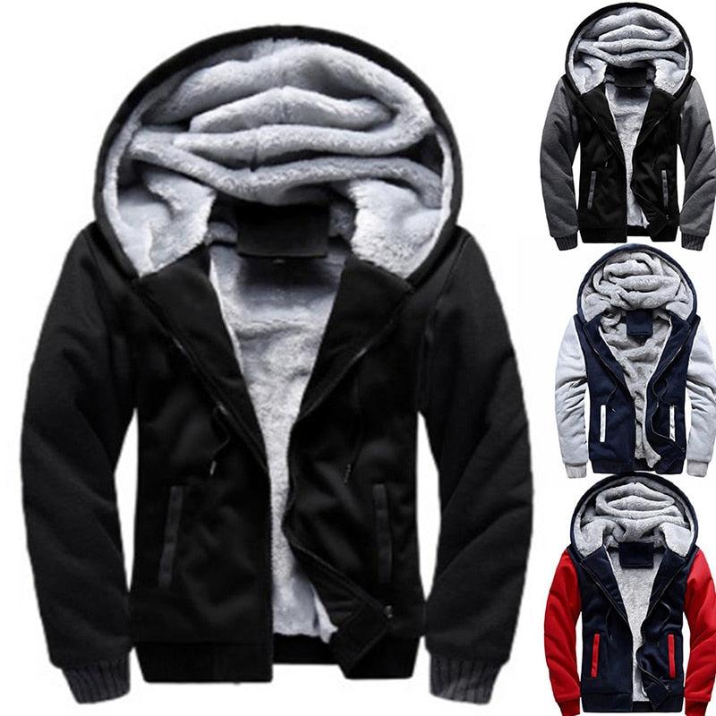 Men's zip-up hoodie jacket, black with plush gray hood lining and long sleeves