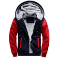 Men's zip-up hoodie jacket with navy body, red sleeves, and plush gray hood lining