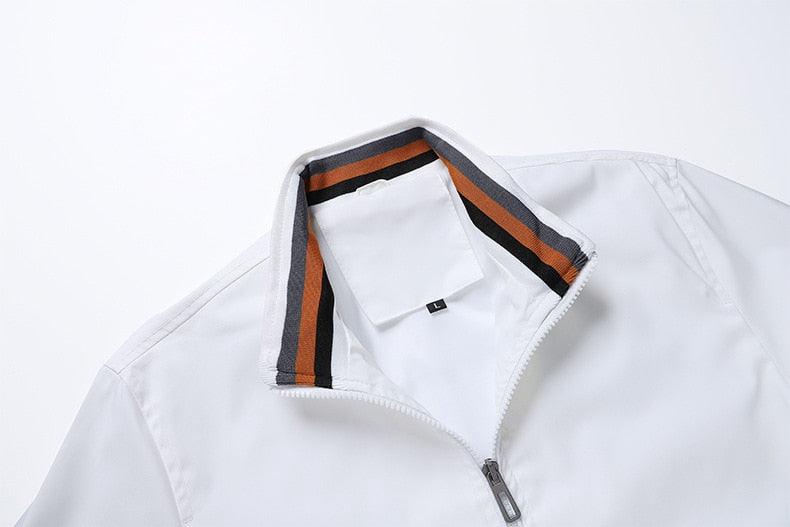 Men’s lightweight white jacket with stand collar, front zipper, and striped lining trim