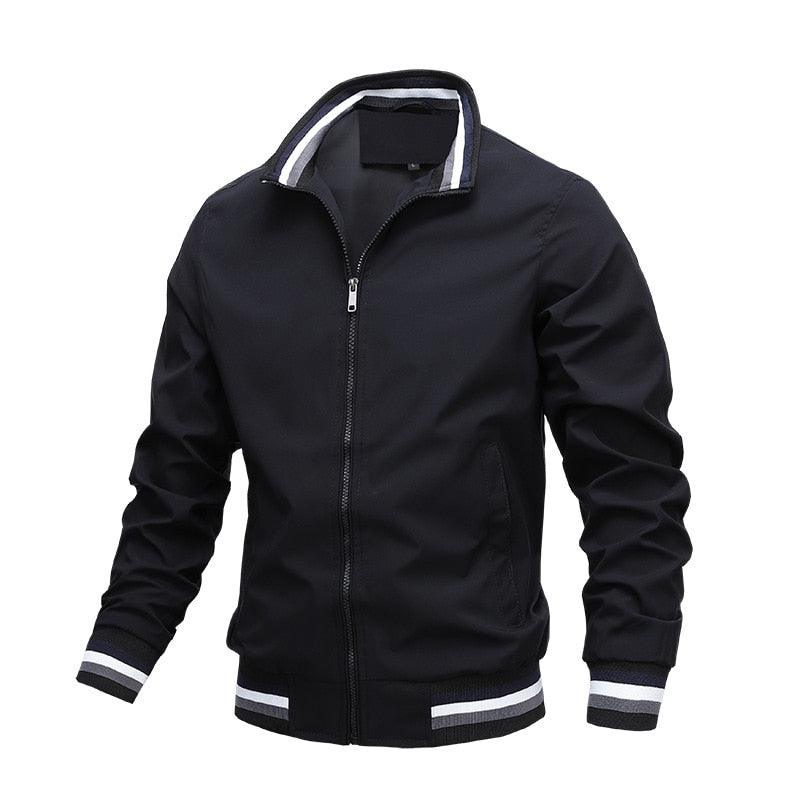 Men’s lightweight jacket, dark navy/black, zip front, striped ribbed cuffs and hem