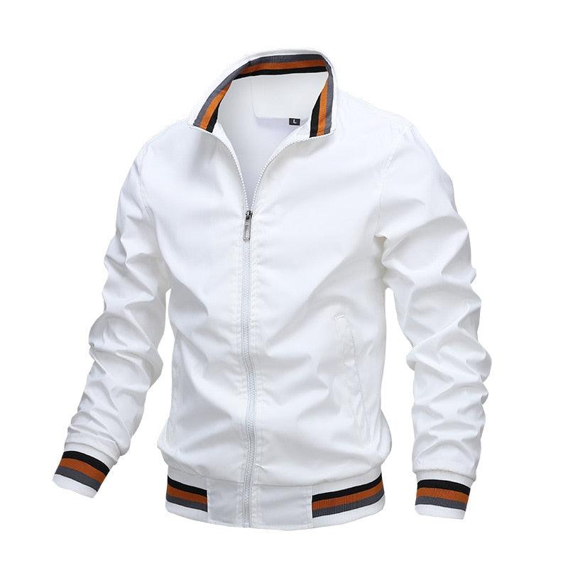 Men's lightweight windbreaker jacket, white, full-zip with stand collar