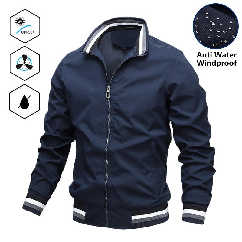 Men's lightweight windbreaker jacket, navy blue, full-zip with striped ribbed cuffs