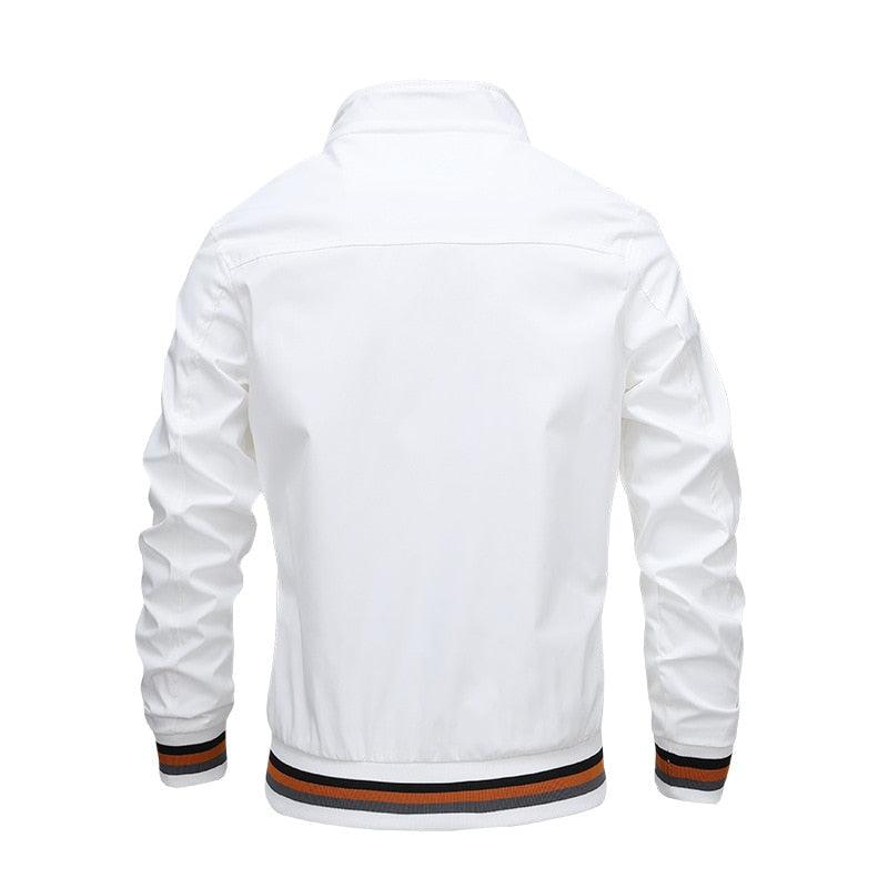 Men's lightweight windbreaker jacket, white, back view with striped ribbed hem