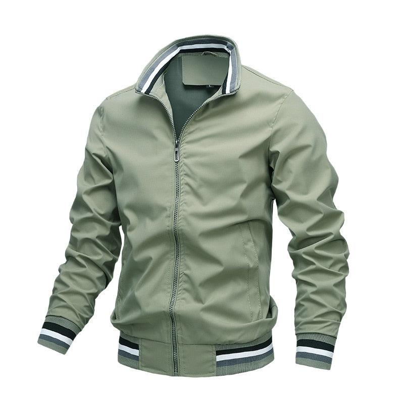 Men’s lightweight jacket in sage green, zip front, striped ribbed cuffs and hem