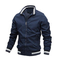 Men's lightweight windbreaker jacket, navy blue, front view with ribbed striped cuffs