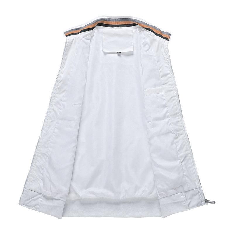 Men’s lightweight white jacket, interior lining view, zip collar and adjustable cuff