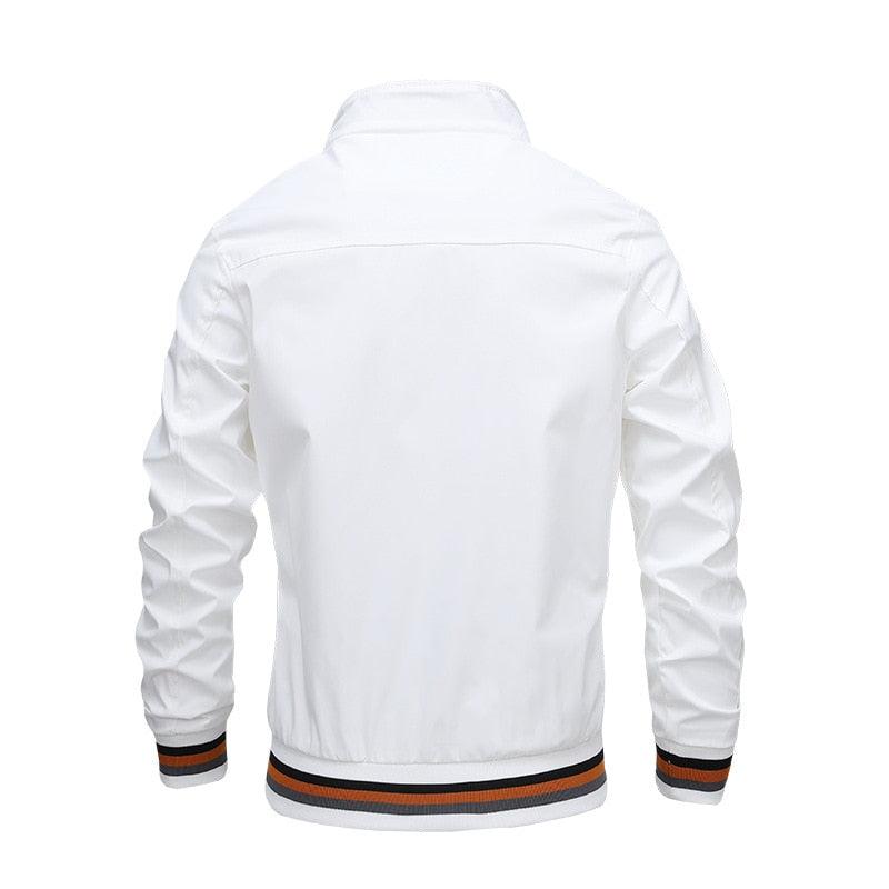 Men’s lightweight white jacket, back view, ribbed striped hem and cuffs