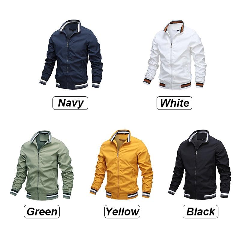 Men's lightweight windbreaker jacket color lineup: navy, white, green, yellow, black