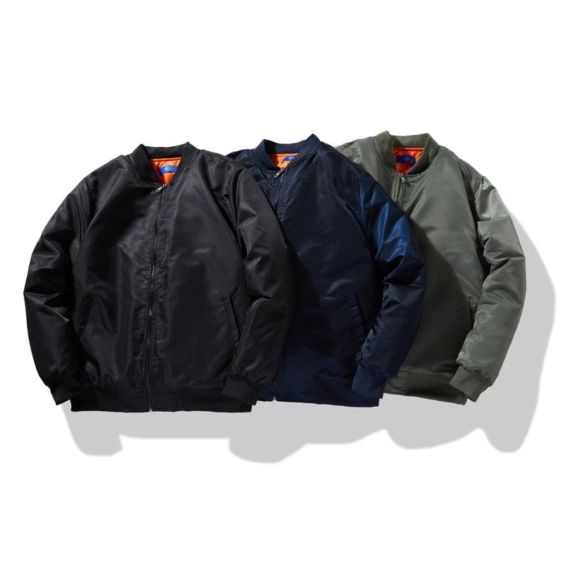 Men's padded jackets in black, navy, and olive with zip front and stand collar