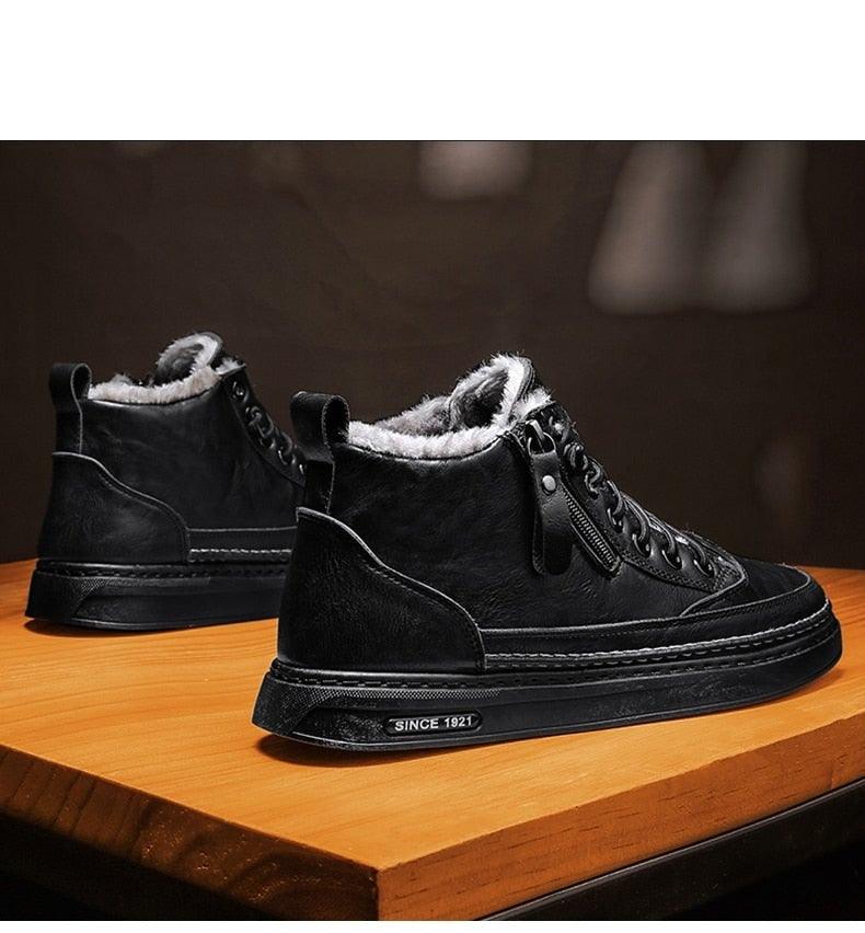 Men's winter high-top boots in cool black with faux-fur collar, lace-up, and side zip