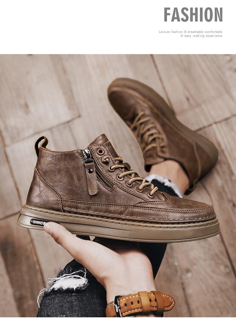Men's winter high-top boots in brown with lace-up, side zipper, and faux-fur lining