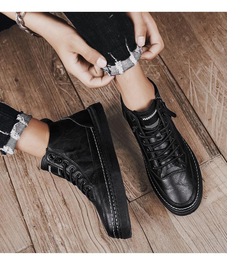 Black lace-up high-top winter boots with faux fur lining and thick outsole