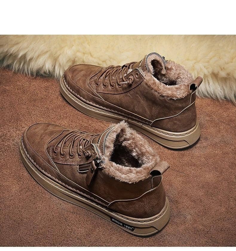 Men's winter high-top boots in brown with faux-fur collars and thick rubber soles