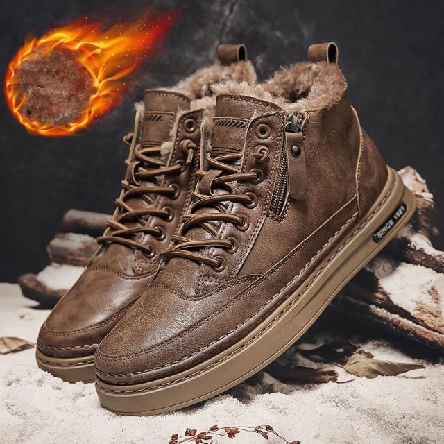 Men's winter high-top lace-up boots in dark brown with faux-fur lining and thick sole