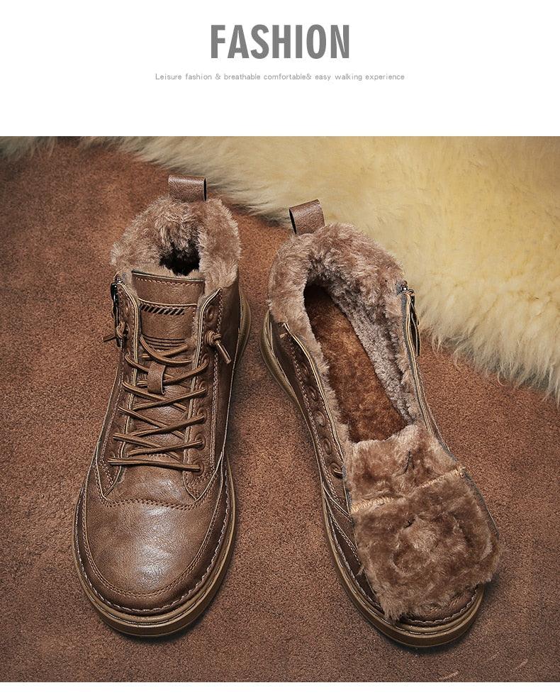 Dark brown high-top lace-up winter boots with faux fur lining and thick sole