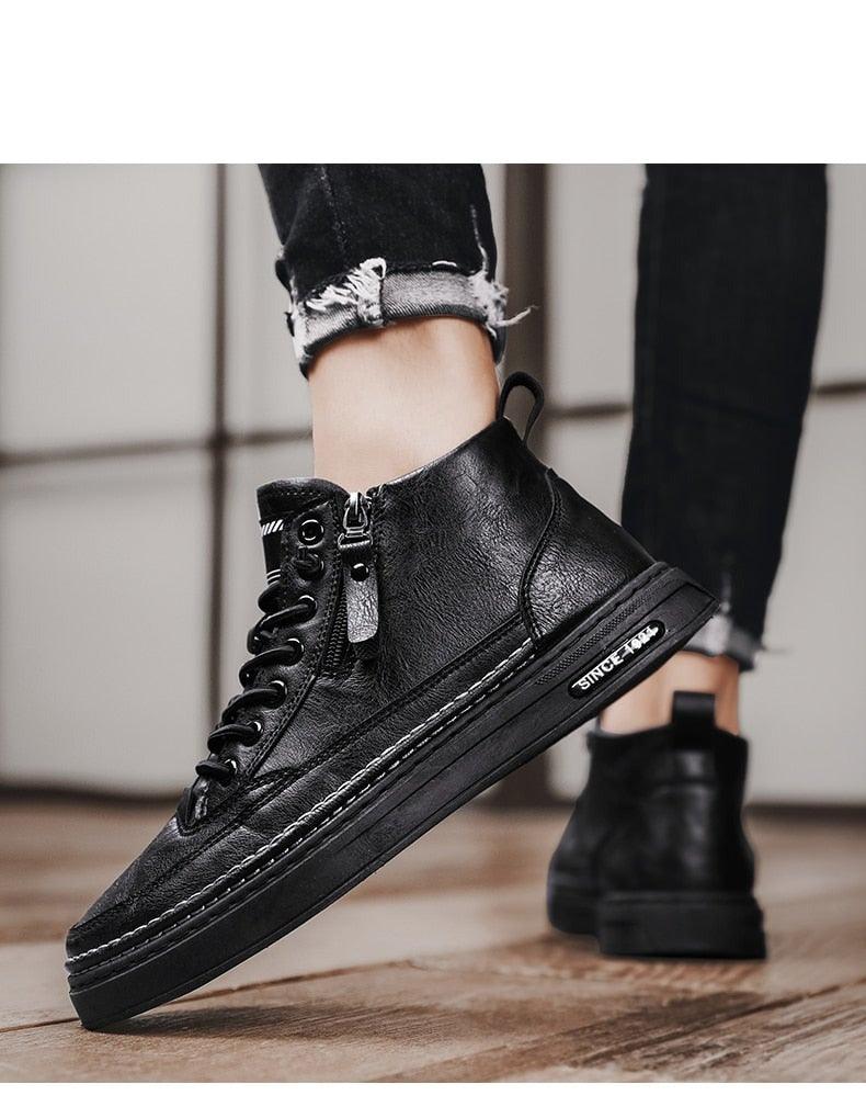 Black high-top lace-up winter ankle boots with fur cuff and flat, thick sole