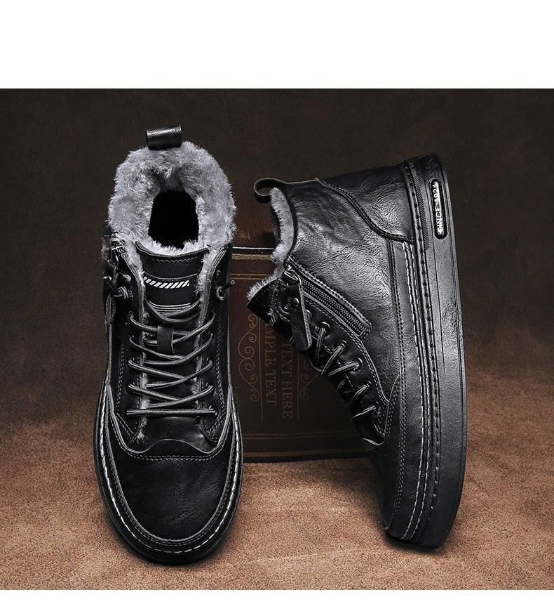 Men's winter high-top boots in cool black with faux-fur lining, lace-up, and side zip