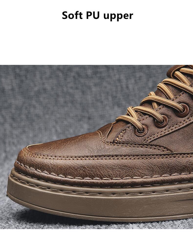 Men's winter high-top boot toe and laces in dark brown with stitched side panel