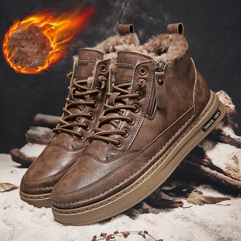 Men's winter high-top lace-up boots in dark brown with faux-fur lining and side zipper